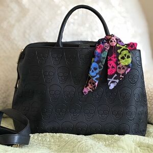 Betsey Johnson Black Skull Satchel with Colorful Scarf